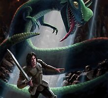 knight in battle with giant serpent by martyee