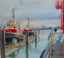 Tugboats, watercolor and mixed media on paper by Sandrine Pelissier