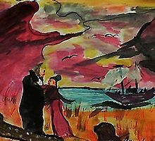 Captain saying goodbye to his beloved, revised, watercolor by Anna Lewis