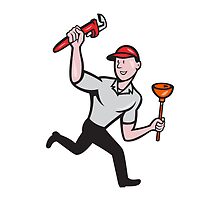 Plumber With Monkey Wrench And Plunger Cartoon by patrimonio