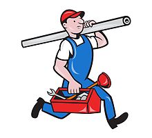 Plumber With Pipe Toolbox Cartoon by patrimonio