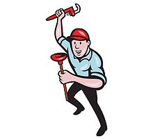 Plumber With Monkey Wrench And Plunger Cartoon by patrimonio