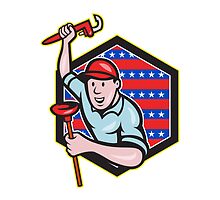 Plumber With Monkey Wrench And Plunger Cartoon by patrimonio