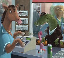 animal cashier horse serving a crocodile in a shop by martyee
