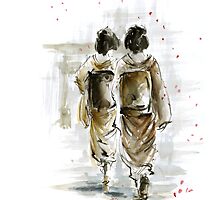 Geisha Japanese woman women in kimono traditional torii gate design architecture original Japan painting art by Mariusz Szmerdt