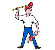 Plumber Wield Wrench Plunger Isolated Cartoon by patrimonio