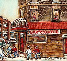 VERDUN TAVERNE BAR DE COURCELLE AND HOCKEY MONTREAL WINTER SCENE by Carole Spandau