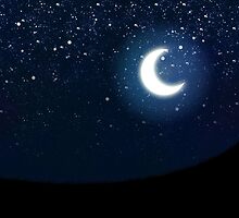 Illustration of night sky with stars and crescent moon by AnnArtshock