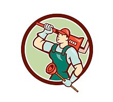 Plumber Holding Wrench Plunger Circle Cartoon by patrimonio