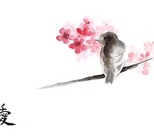 Sparrow sumi-e bird birds on branches ink drawing , cherry blossom flowers, japanese home decor by Mariusz Szmerdt