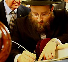 Final Hebrew Letter Being Inscribed in New Torah by Ronald Rockman
