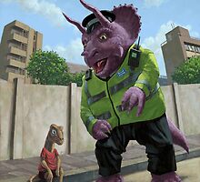 Dinosaur Community Policeman helping youngster by martyee