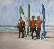 Surfers in Tofino, mixed media on canvas by Sandrine Pelissier