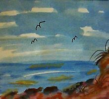 Lets sit on the rocks and enjoy the ocean, watercolor by Anna Lewis